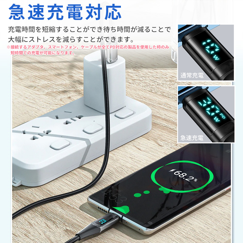 Type-C ケーブル PD対応 TypeC to type-c 出力モニター付き充電