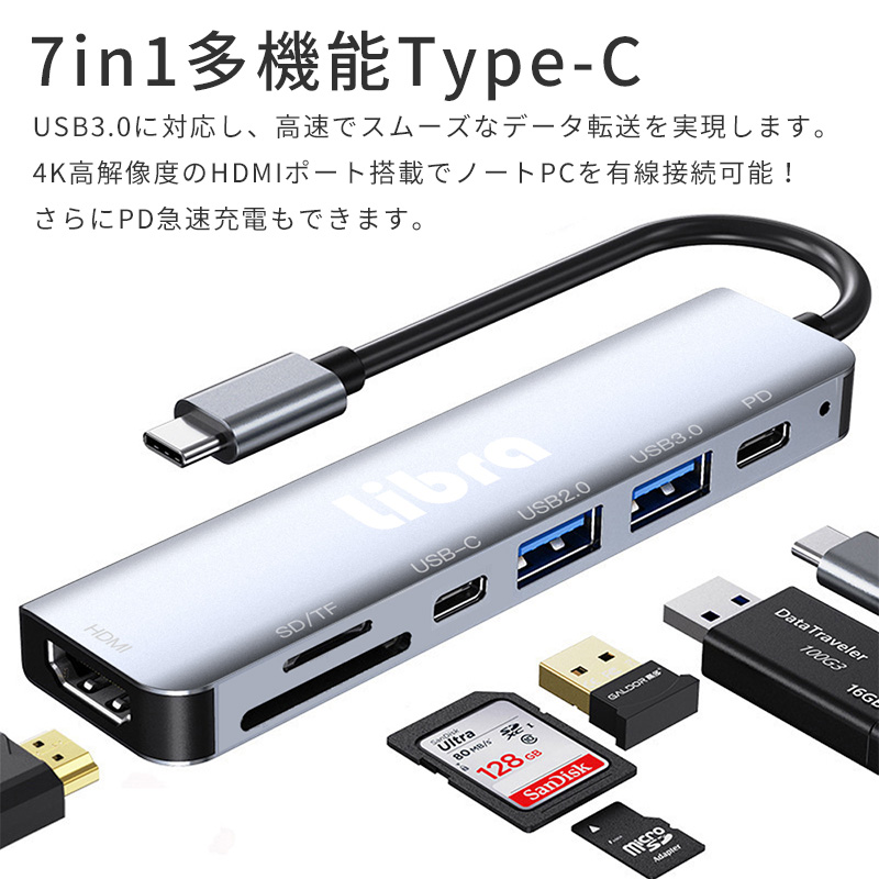 USB Type-C ハブ 7in1ドッキングステーション HDMI搭載 PD入力  SD USBポート 4K対応 多機能 タイプC｜asshop｜02