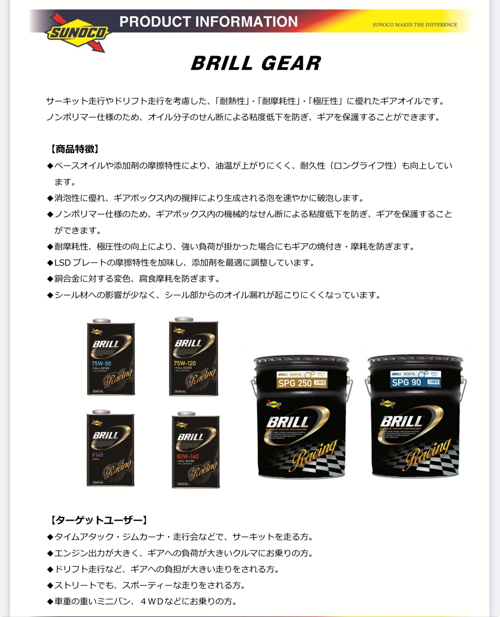 SUNOCO スノコ BRILL ブリル ギア 80w-140 1L 2缶セット 日本サン石油 SUNOCO BRILL 80W-140 1L×1缶 GL-5 ギアオイル