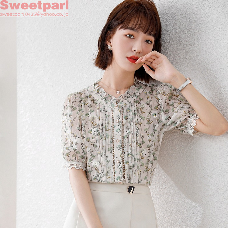 シャツブラウス レディース 夏服 おしゃれ シフォン 花柄ブラウス 袖口レース付き 薄手 着痩せ 大人 きれいめ 21 新作 Z1al1qwnpw B A I Com