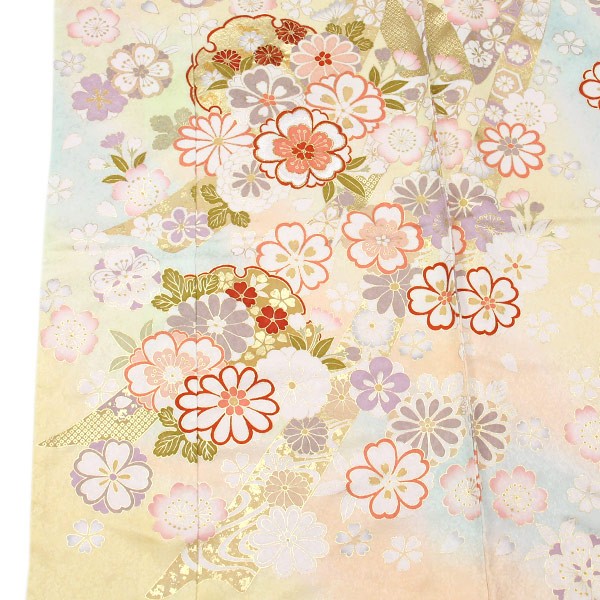 着物 振袖 型染め京友禅 金彩加工 蘇州刺繍 ラメ刺繍 桜地紋綸子地 未
