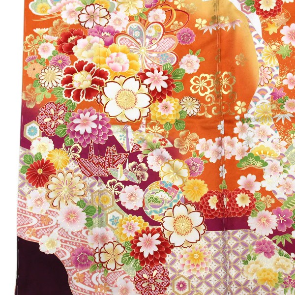 着物 豪華振袖 正統派 綸子 金彩加工 金駒刺繍 花に折鶴 未仕立て