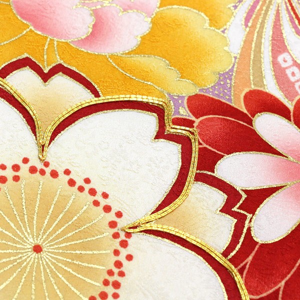 着物 豪華振袖 正統派 綸子 金彩加工 金駒刺繍 花に折鶴 未仕立て