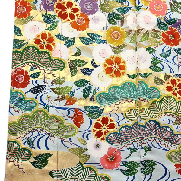 金駒刺繍　金彩　紗綾形　梅花　振袖　成人式 晴れの日 着物 041a p 豪華振袖 正統派 綸子 紗綾形地紋 金彩加工 金駒刺繍 丹後ちりめん