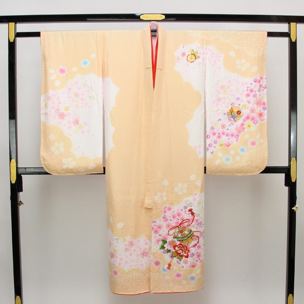 七五三 着物 新品 正絹 7歳用 販売 お正月 ひな祭り 鈴 ベージュ