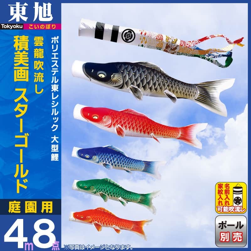 こいのぼり３匹・雲竜吹き流し１本　 庭園用 4m　東旭「積美画シリーズ」 こいのぼり3匹・雲竜吹き流し1本 庭園用 4m東旭「積美画シリーズ」