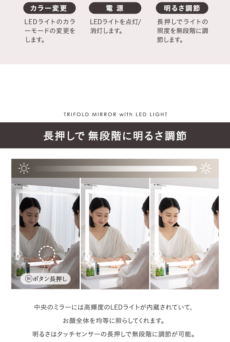 EMOOR LEDライト付き 三面鏡 ドレッサー セット 幅80 木製 EMOOR LEDライト付き 三面鏡 ドレッサー セット 幅80 木製