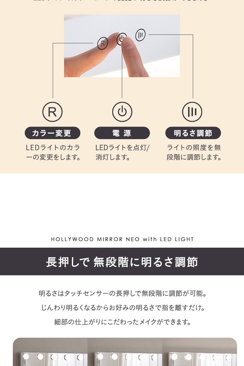 LEDライト付き ドレッサー 鏡台 2点セット デスク 鏡 ハリウッドミラー 女優ミラー NEO