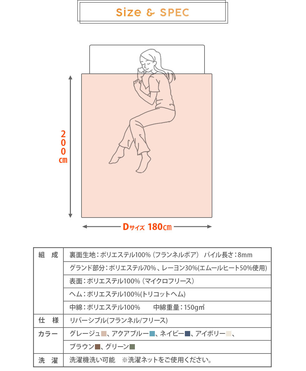 約180×200cm。ポリエステル・綿。リバーシブル(フランネル/フリース)