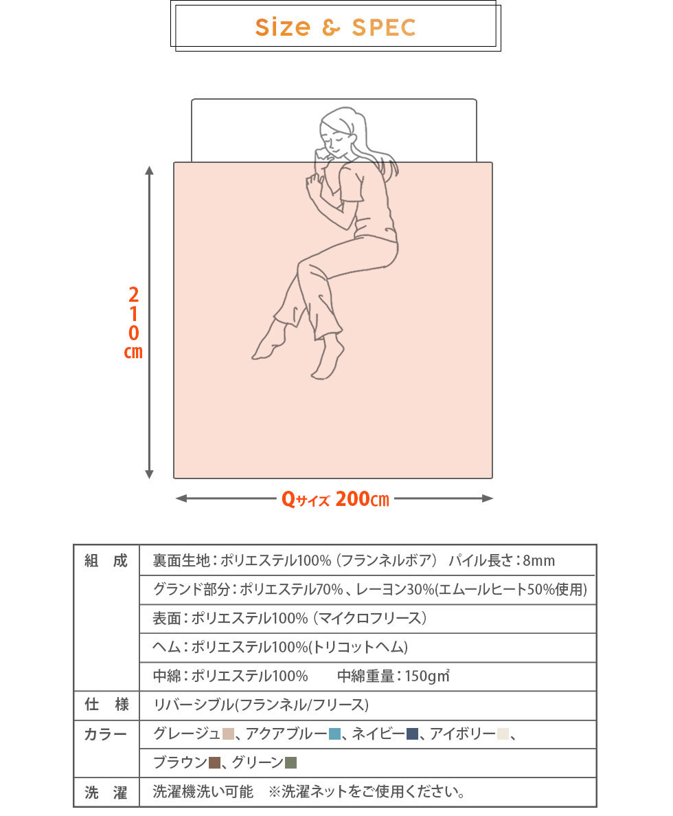 約210×200cm。ポリエステル・綿。リバーシブル(フランネル/フリース)