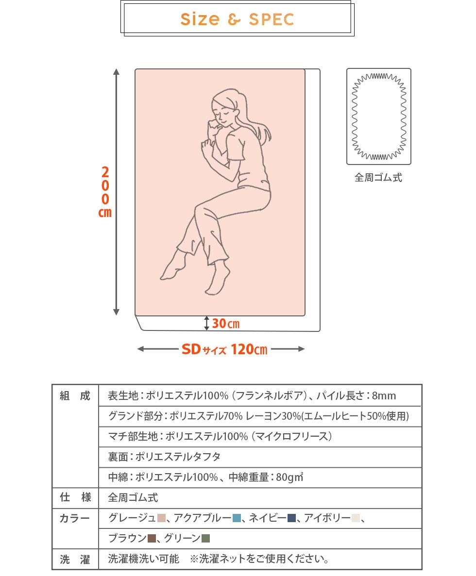 セミダブルサイズ。約120×200×30cm。ポリエステル。全周ゴム式