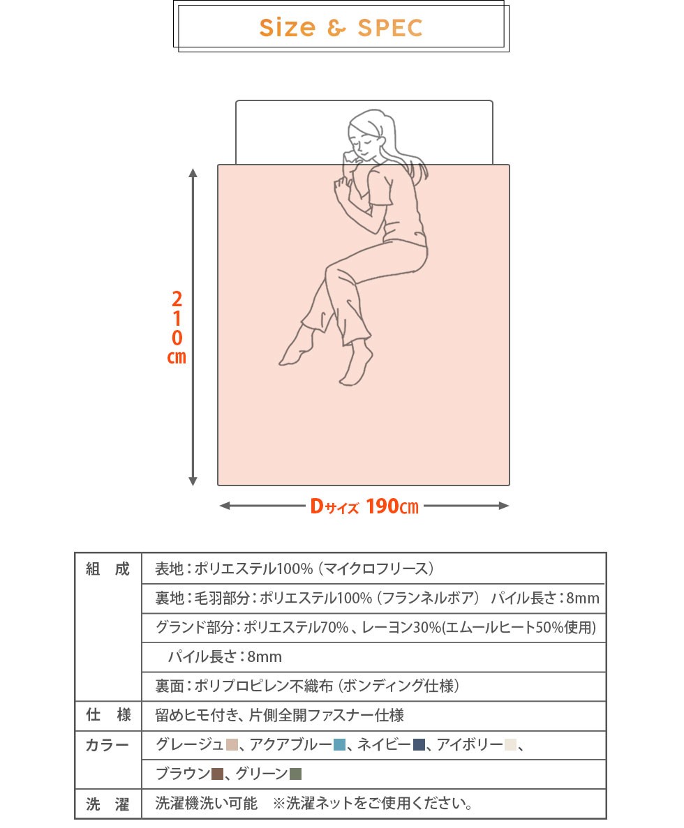 ダブルサイズ。約190×210cm。ポリエステル。8箇所ひも付き、片側全開ファスナー仕様