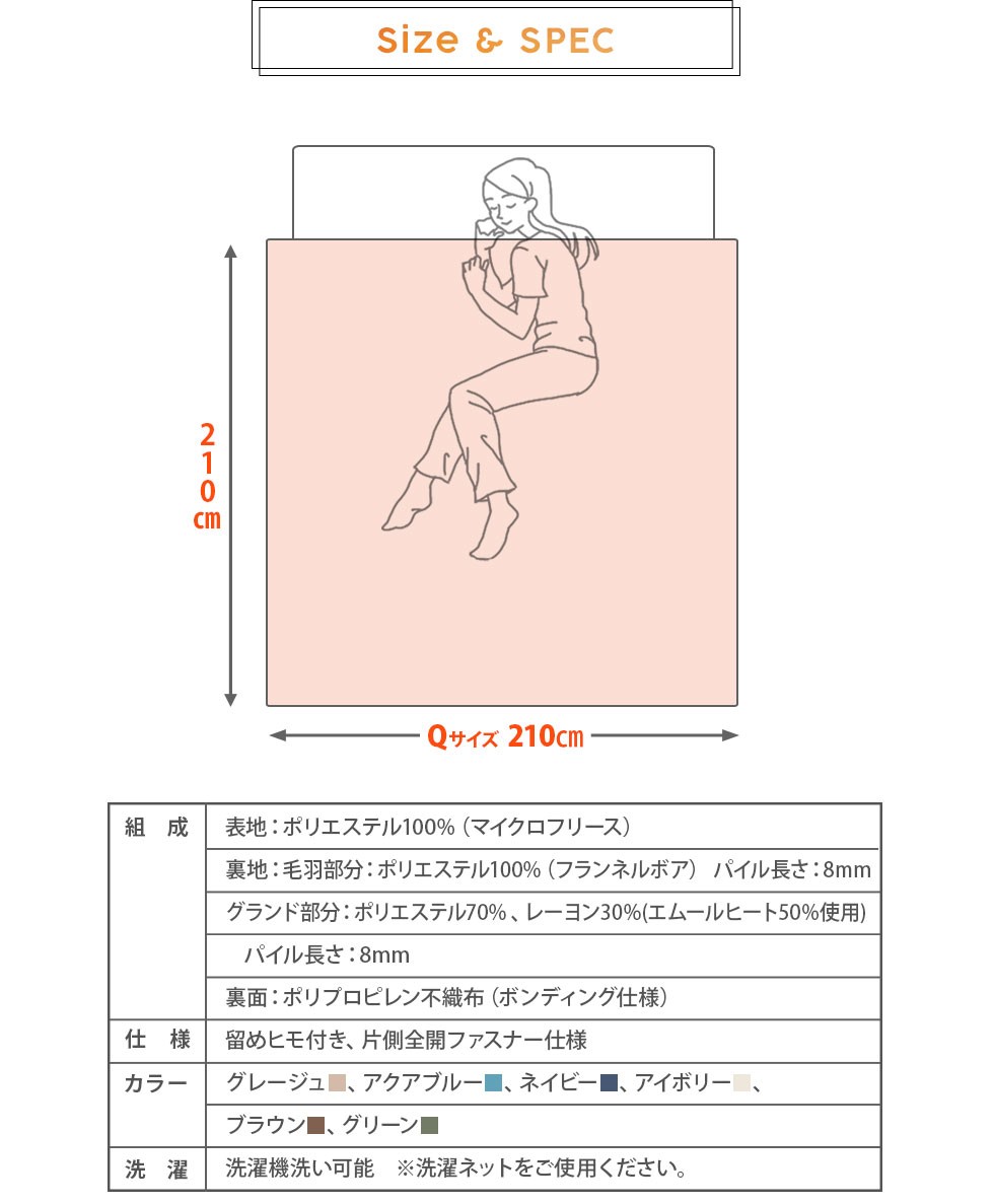 セミダブルサイズ。約170×210cm。ポリエステル。8箇所ひも付き、片側全開ファスナー仕様