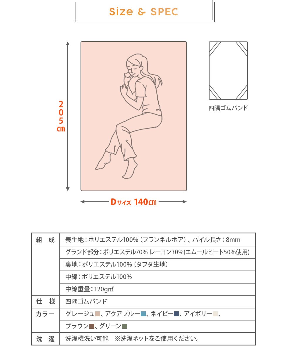 ダブルサイズ。約140×205cm。ポリエステル。四隅ゴムバンド