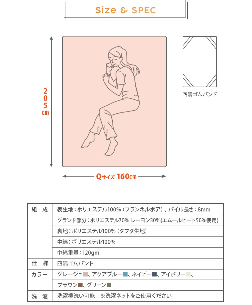 クイーンサイズ。約160×205cm。ポリエステル。四隅ゴムバンド