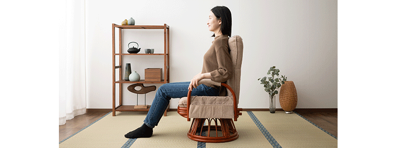 EMOOR（エムール） 回転高座椅子 ラタン 籐 完成品 座面高40cm サイド