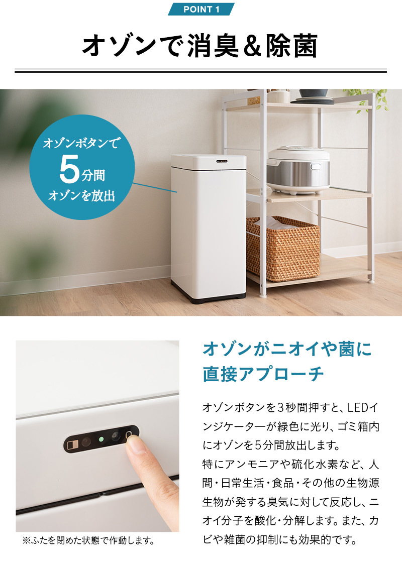 オゾン消臭機能付 電動スライドダストボックス 42L 自動開閉 45Lゴミ袋対応 ゴミ箱 ふた付き 角型 スクエア スリム