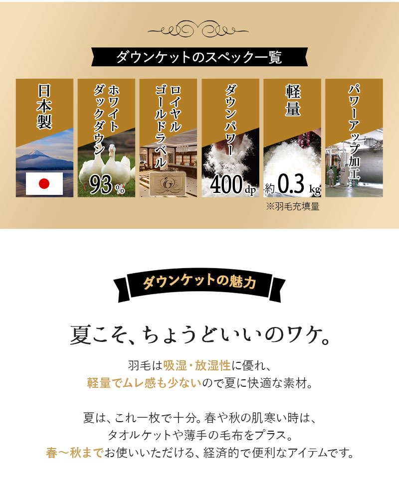 日本製 ロイヤルゴールドラベル 羽毛肌掛け布団 ダウンケット 羽毛布団 非圧縮