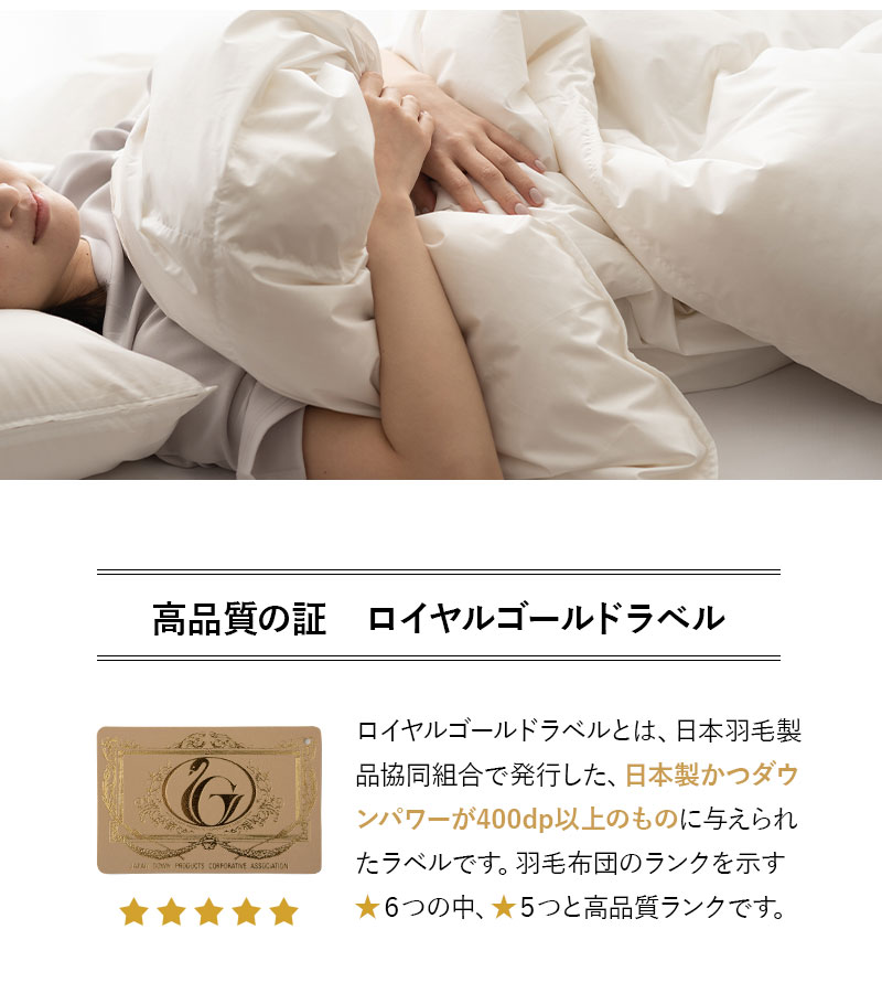 日本製 ロイヤルゴールドラベル 羽毛肌掛け布団 ダウンケット 羽毛布団 非圧縮