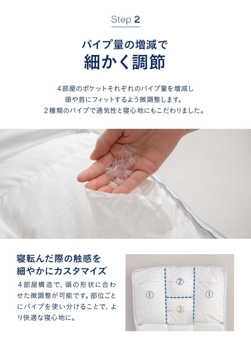 セルフオーダーピロー 43×63cm 合う枕 オーダーメイド カスタマイズ パイプ わた 枕 まくら ピロー 高さ調節 EMOOR LUXE