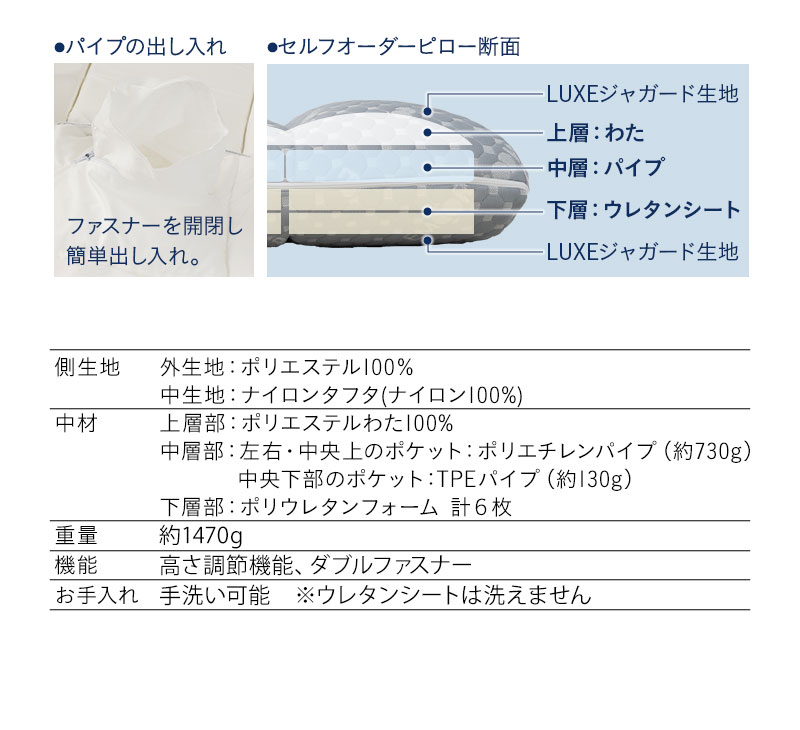 セルフオーダーピロー 43×63cm 合う枕 オーダーメイド カスタマイズ パイプ わた 枕 まくら ピロー 高さ調節 EMOOR LUXE