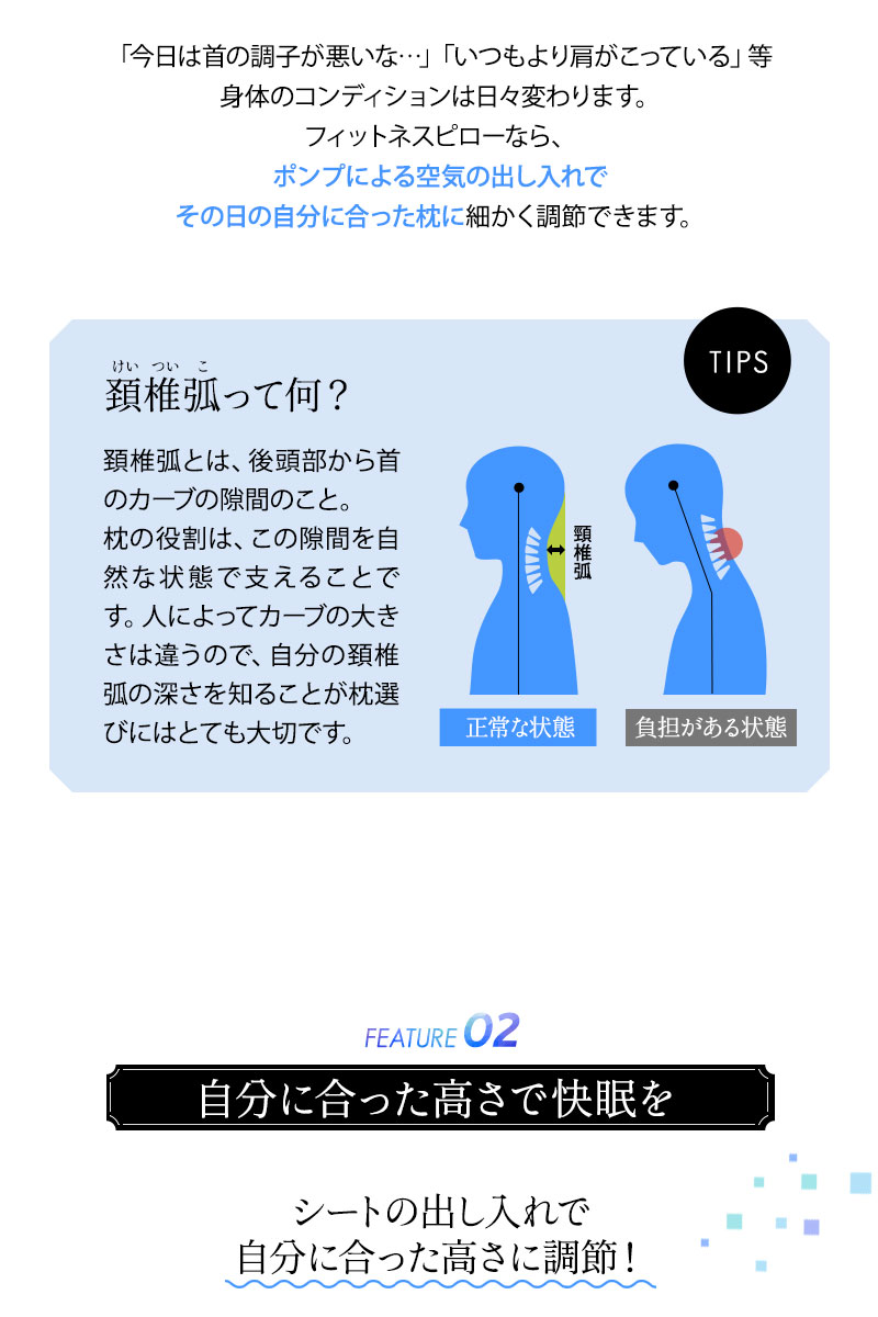 フィットネスピロー 40×60cm 寝るだけ ボディケア 横向き寝対応 高さ調節可能 エアーポンプ式 カスタマイズ 枕 まくら ピロー EMOOR FITNESS