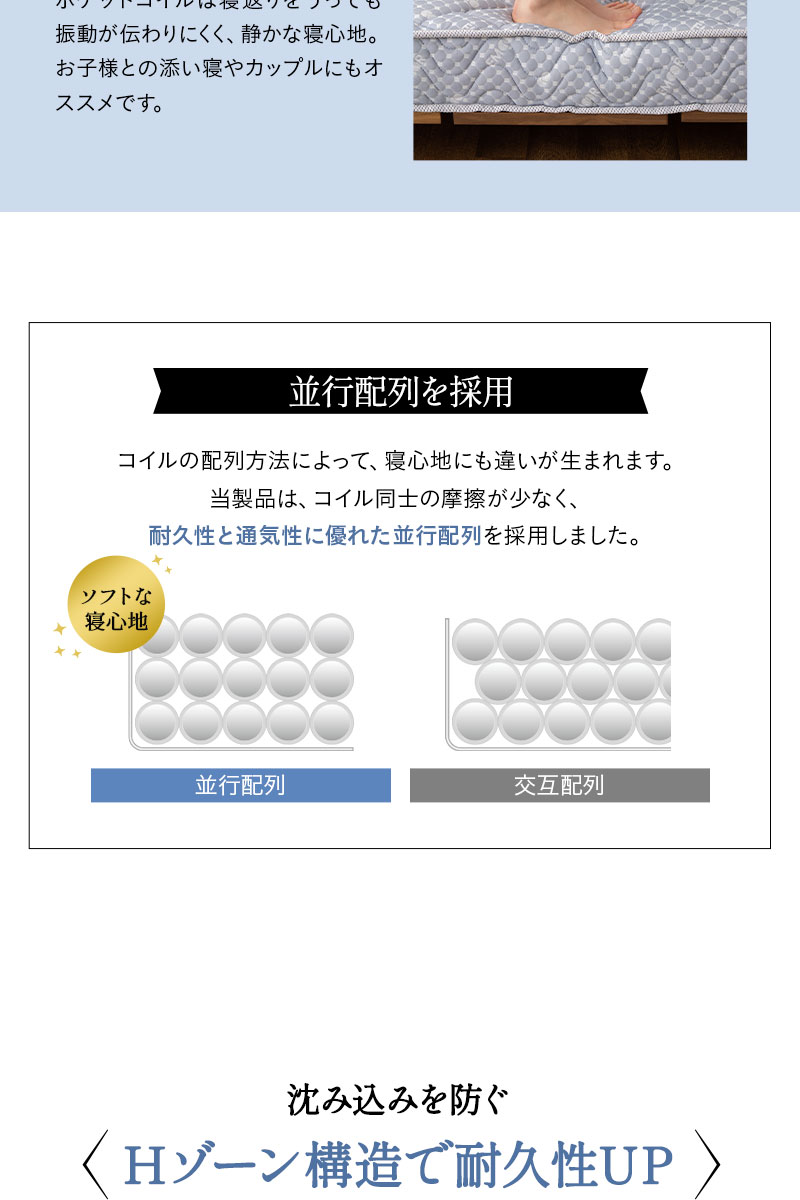 ポケットコイルマットレス セミシングル シングル セミダブル ダブル 薄型 15cm 沈みにくい 立ち座りしやすい ベッド 布団 EMOOR LUXE