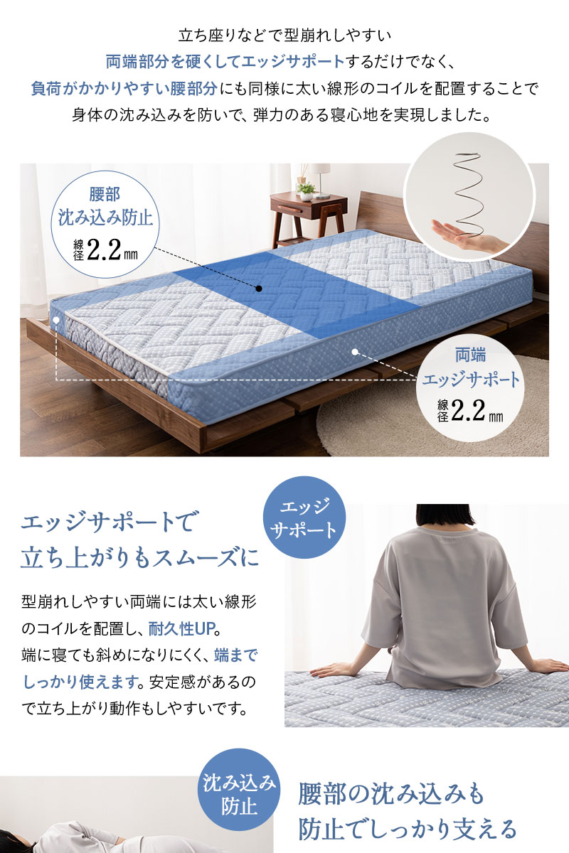 ポケットコイルマットレス セミシングル シングル セミダブル ダブル 薄型 15cm 沈みにくい 立ち座りしやすい ベッド 布団 EMOOR LUXE
