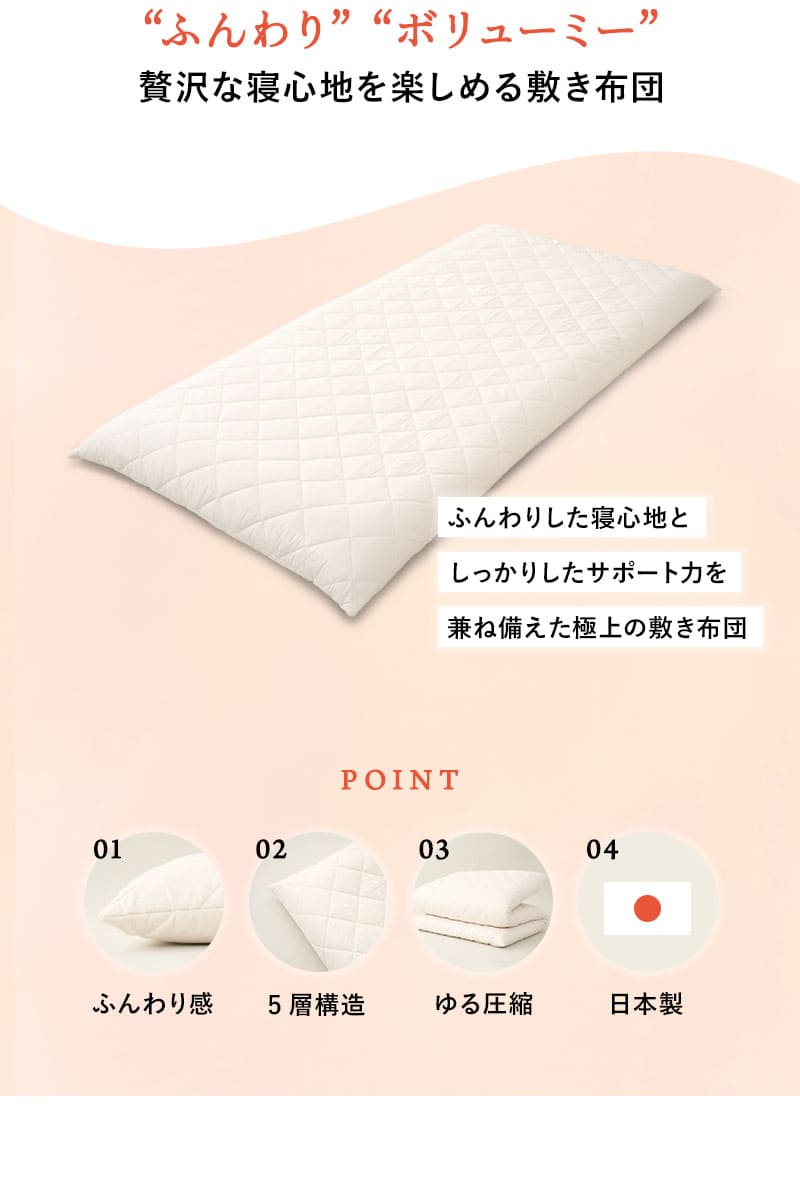 敷き布団 セミシングル シングル 日本製 極厚11cm 5層構造 ヘムレス ふんわり ボリューミー