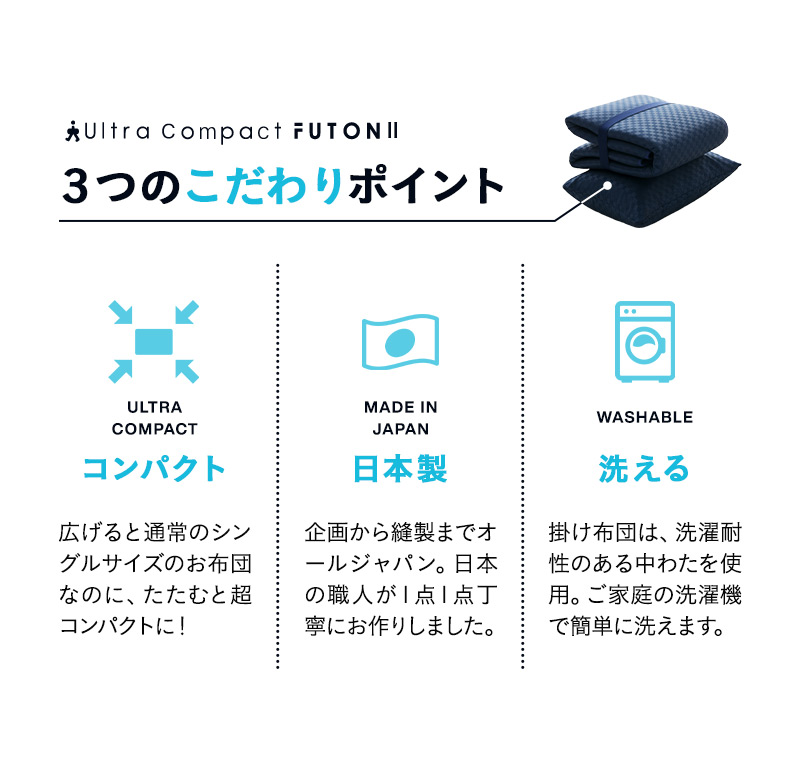 ウルトラコンパクト 布団4点セット シングル 収納ケース付き 折りたたみ 掛け布団 敷き布団 枕 日本製 省スペース