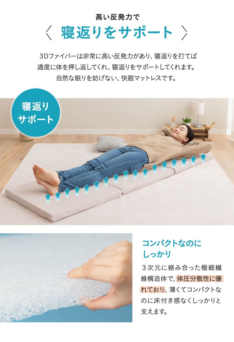 ごろ寝マットレス 65×180cm 三つ折り 折りたたみ 通気性 高反発 丸洗い 3D Fiber