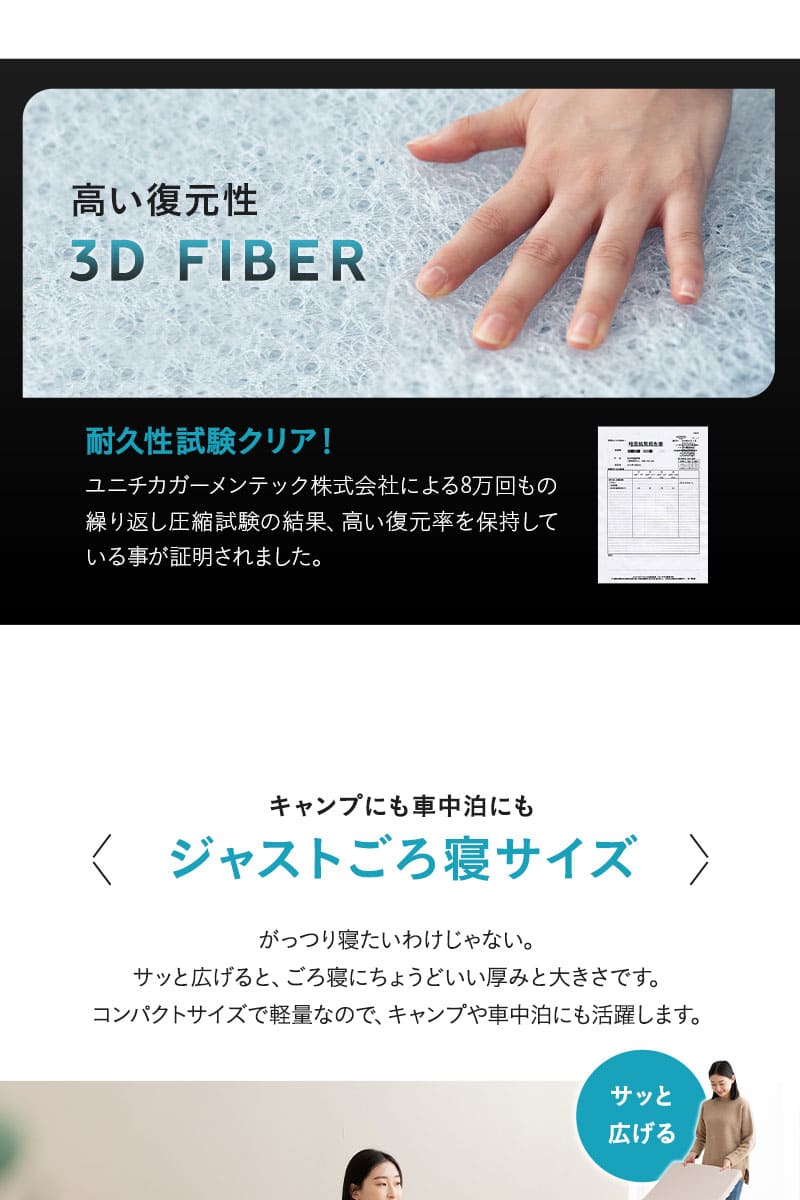 ごろ寝マットレス 65×180cm 三つ折り 折りたたみ 通気性 高反発 丸洗い 3D Fiber