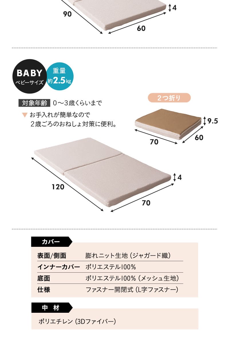 マットレス ベビー ミニ 2つ折り 折りたたみ 通気性 低刺激 丸洗い 赤ちゃん 子供 3D Fiber