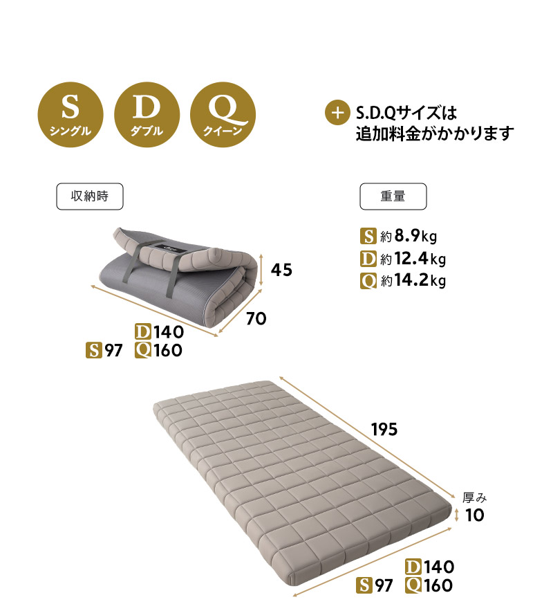 布団マットレス 65×180 シングル ダブル クイーン 収納バンド付き 丸巻き DORA