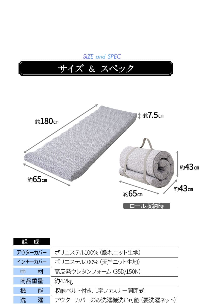 ロールマットレス 65×180cm コンパクトショート 寝るだけ ボディケア 高反発 ウレタン ロール式 フィットネスマットレス