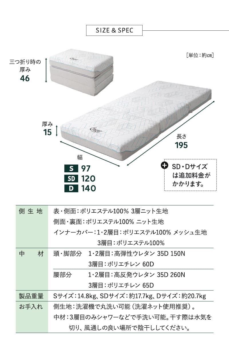 フォレストマットレス 3層構造 三つ折り 折りたたみ 極厚 高反発 FOREST