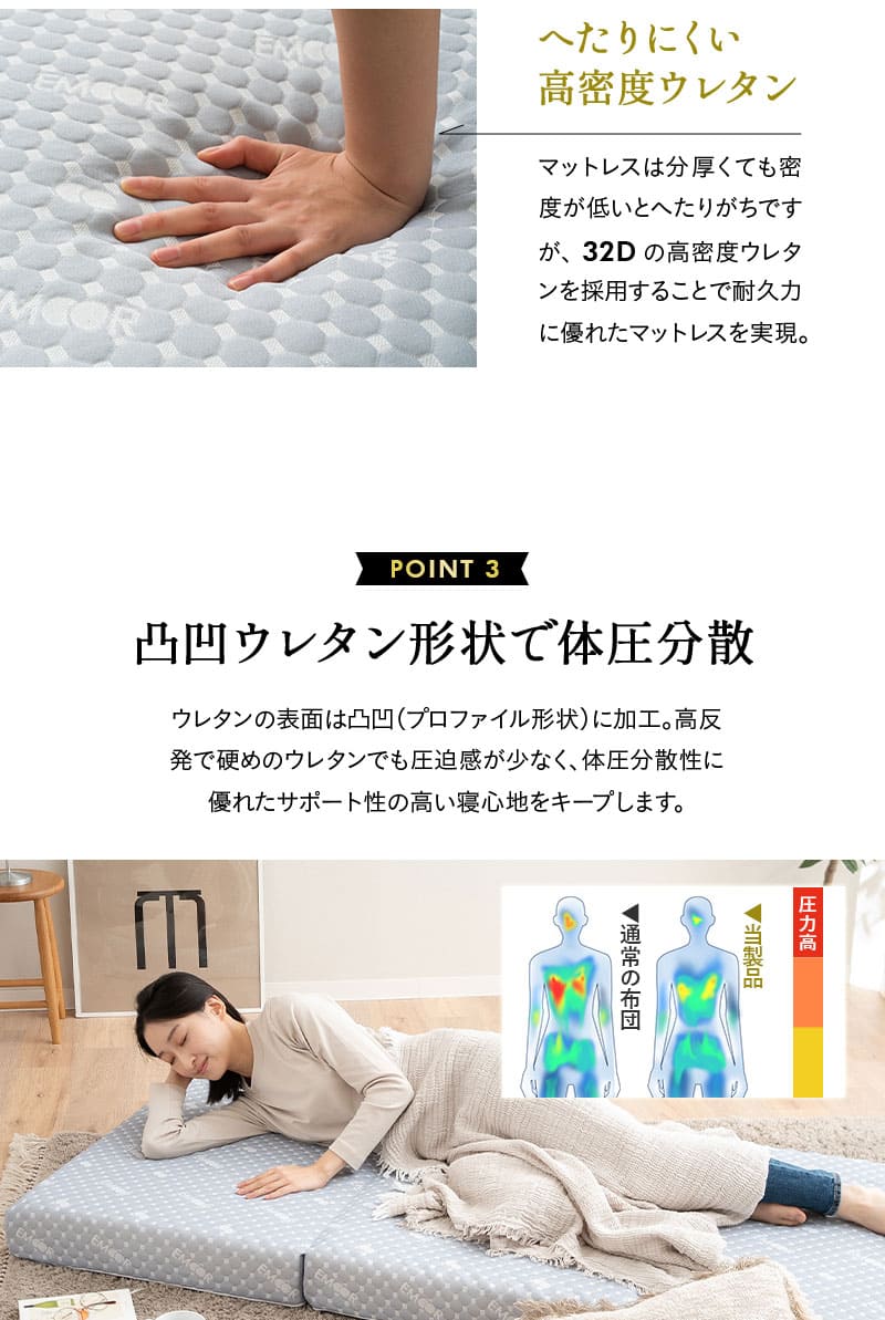 EMOOR 三つ折り マットレス 極厚 11cm セミシングル ショート 80