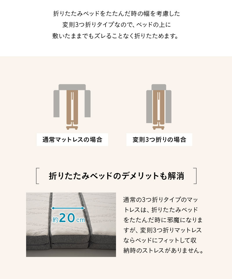 折りたたみベッド専用 マットレス シングル 変則3つ折り 折りたたみ 2層構造 滑り止め加工 敷いたまま折りたためる