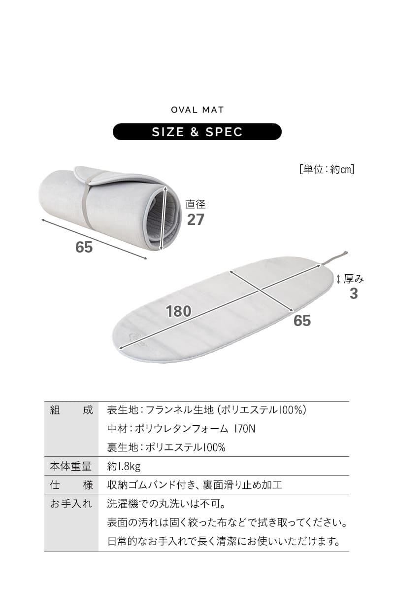 ごろ寝マット ロールマット インテリアマット プレイマット ヨガマット 65×180cm 楕円形 オーバル型 ロール式 滑り止め付き 車中泊 子供用 ごろ寝