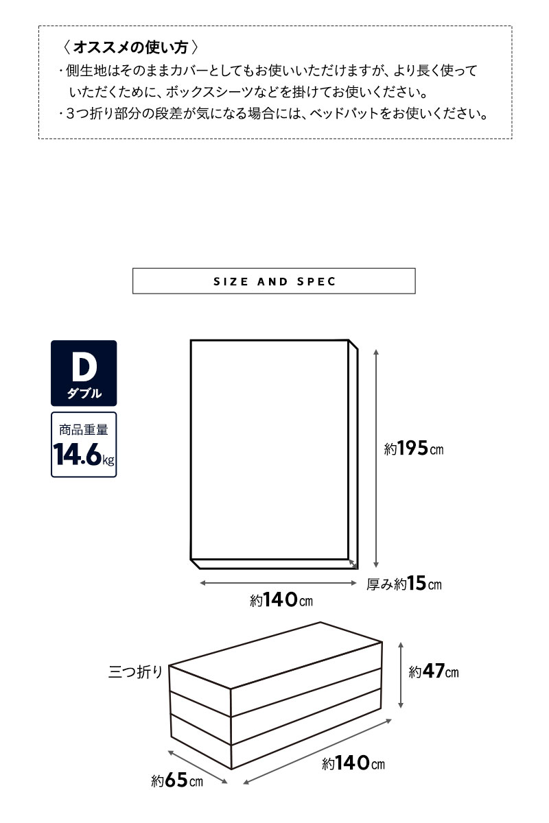 プレミアムマットレス ダブル 3層構造 三つ折り 折りたたみ 極厚 最厚 15cm 高反発 ウレタン 体圧分散 3つ折りマットレスの最高峰