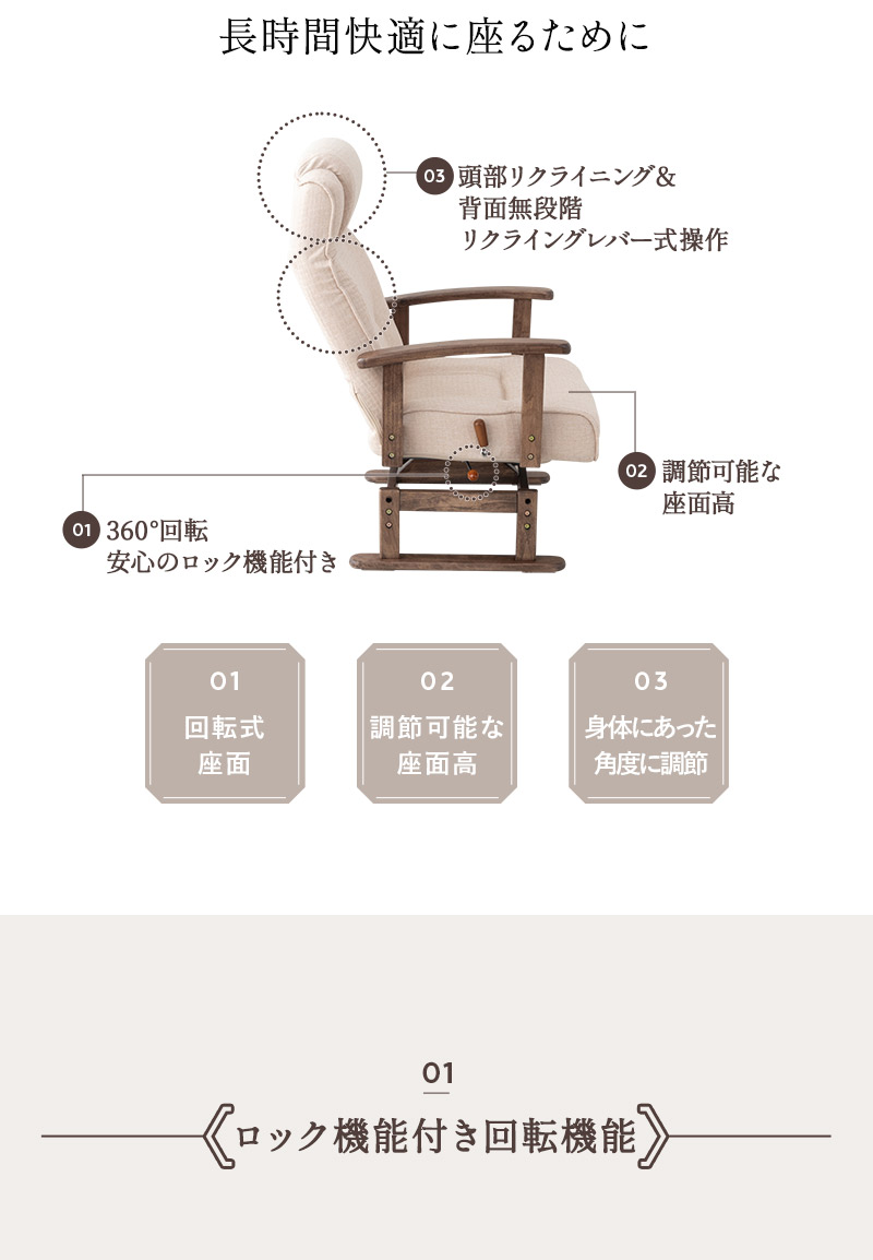 回転高座椅子 リクライニングチェア かなた 完成品 安全ストッパー付き 疲れにくい 腰痛対策