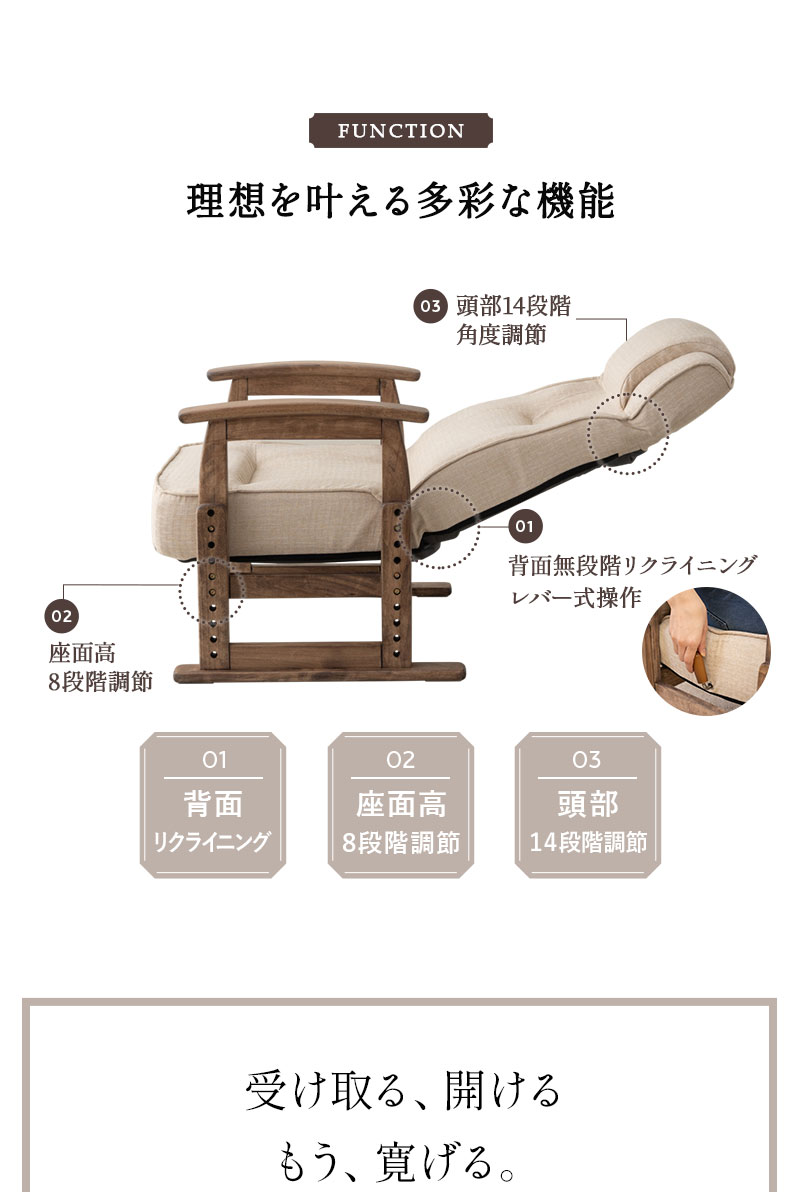 かなた ポケットコイル 高座椅子 リクライニングチェア 立ち上がりを考えた 高さ調節 角度調節 組立不要 完成品