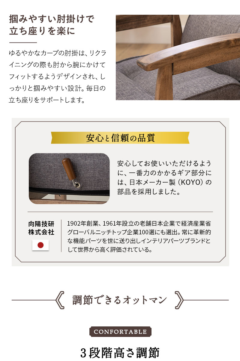 ポケットコイル高座椅子 オットマンスツール 2点セット 完成品 高さ調節機能付き リクライニングチェア ベンチ かなた