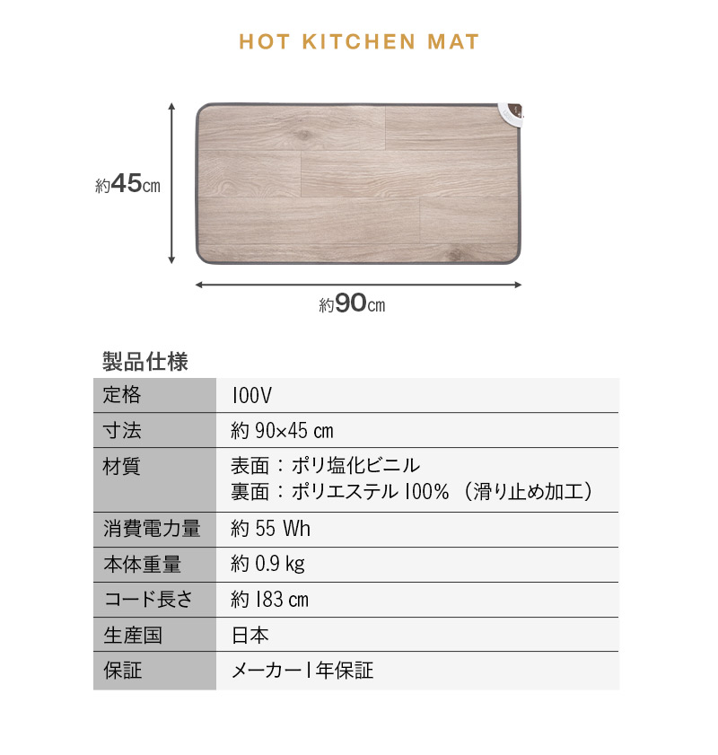 ホットキッチンマット 90×45cm 日本製 防水 抗菌 防カビ 滑り止め付き 温度制御 パネルヒーター 薄型 軽量 省エネ