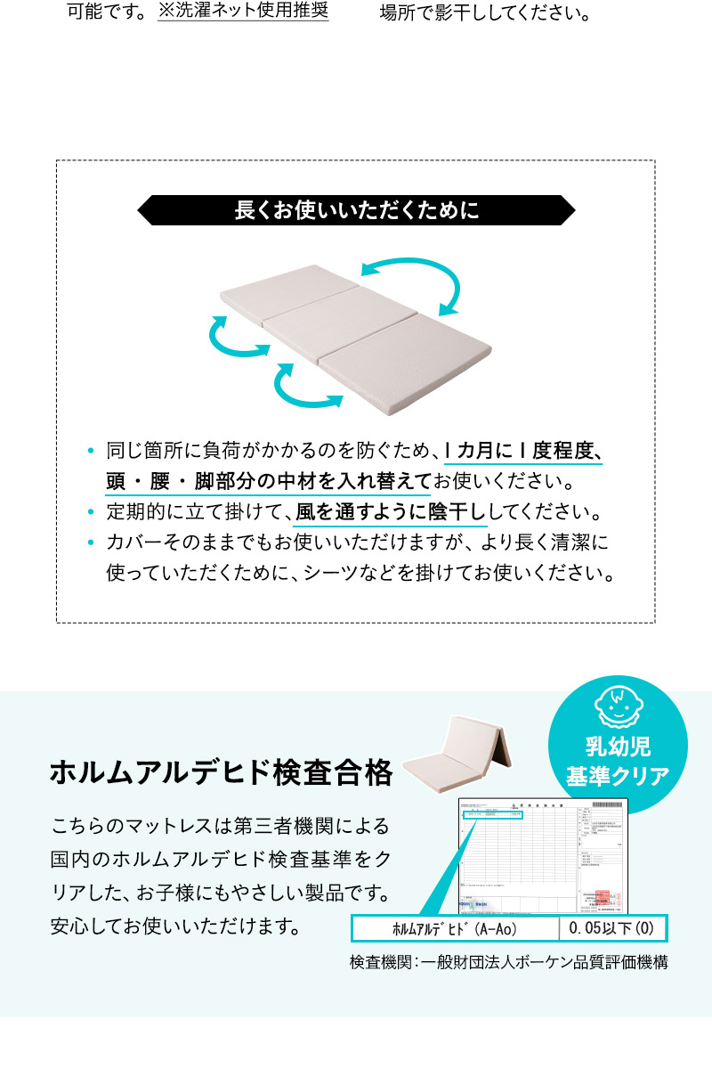 サポートマットレス シングル 三つ折り 折りたたみ 通気性 体圧分散 高反発 低刺激 丸洗いOK ほこり低減 3Dファイバー