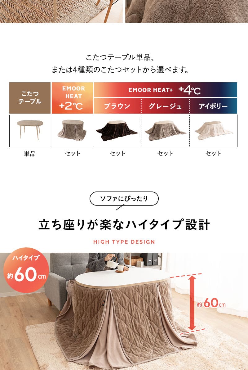 こたつ2点セット ハイタイプ 幅105cm オーバル型 NORDIA