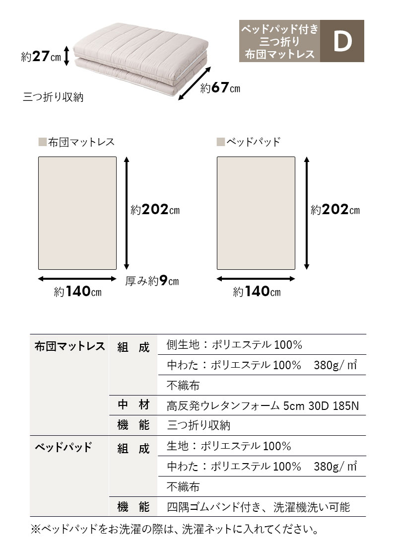 布団マットレス マチ付き ベッドパッド付き 極厚 9cm 折りたたみ 三つ折り マットレス 敷き布団 コンパクト