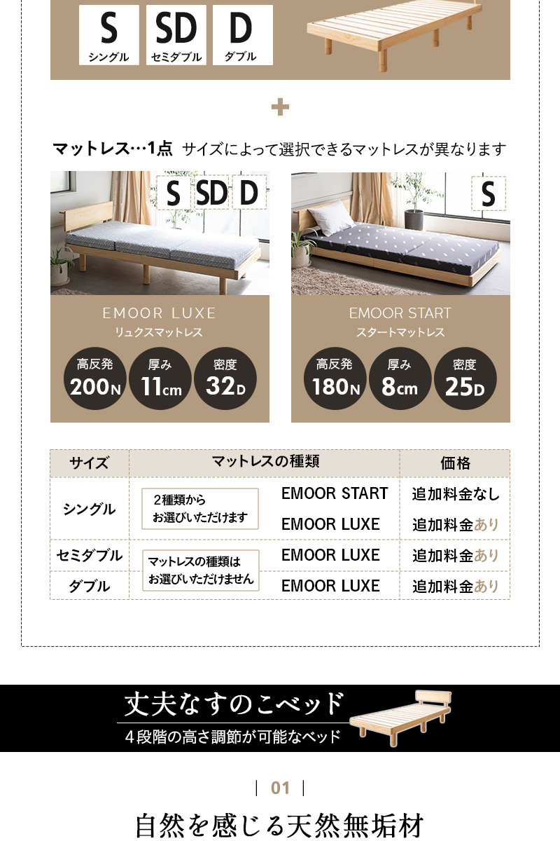 ベッド&マットレス 2点セット シングル セミダブル ダブル 丈夫なすのこベッド 3つ折りマットレス EMOOR START LUXE