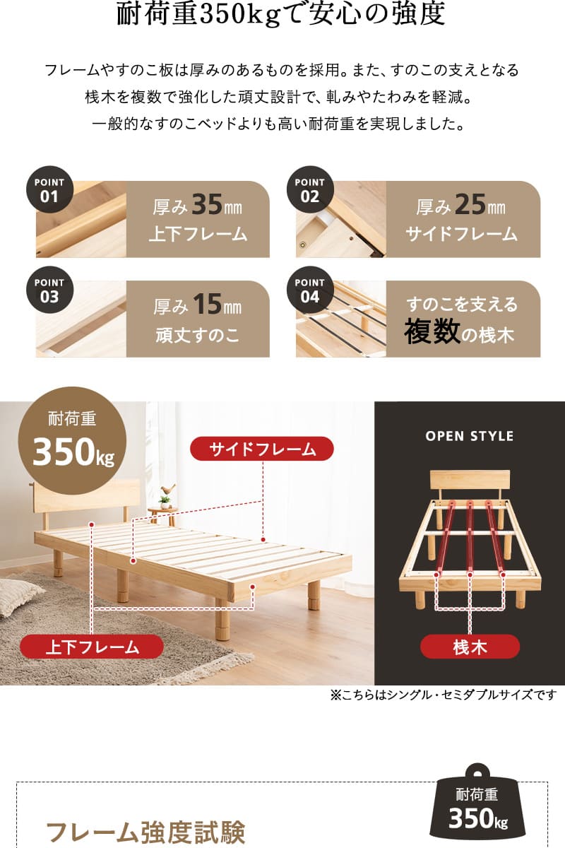 ベッド&マットレス 2点セット シングル セミダブル ダブル 丈夫なすのこベッド 3つ折りマットレス EMOOR START LUXE