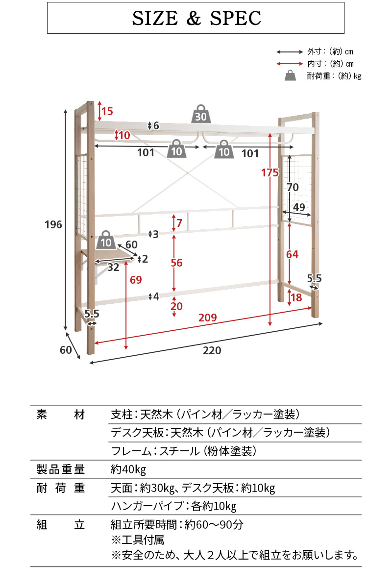 ハンガーシェルフ ベッド上収納 幅220cm ラック シェルフ デスク 棚 デイベッド 賃貸 スペース活用 空間活用
